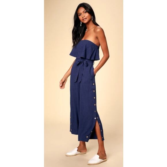 NWT Lulus Jumpsuit Lanah Y2K Boho Coastal Minimalist Strapless Linen Size Medium - Picture 7 of 8